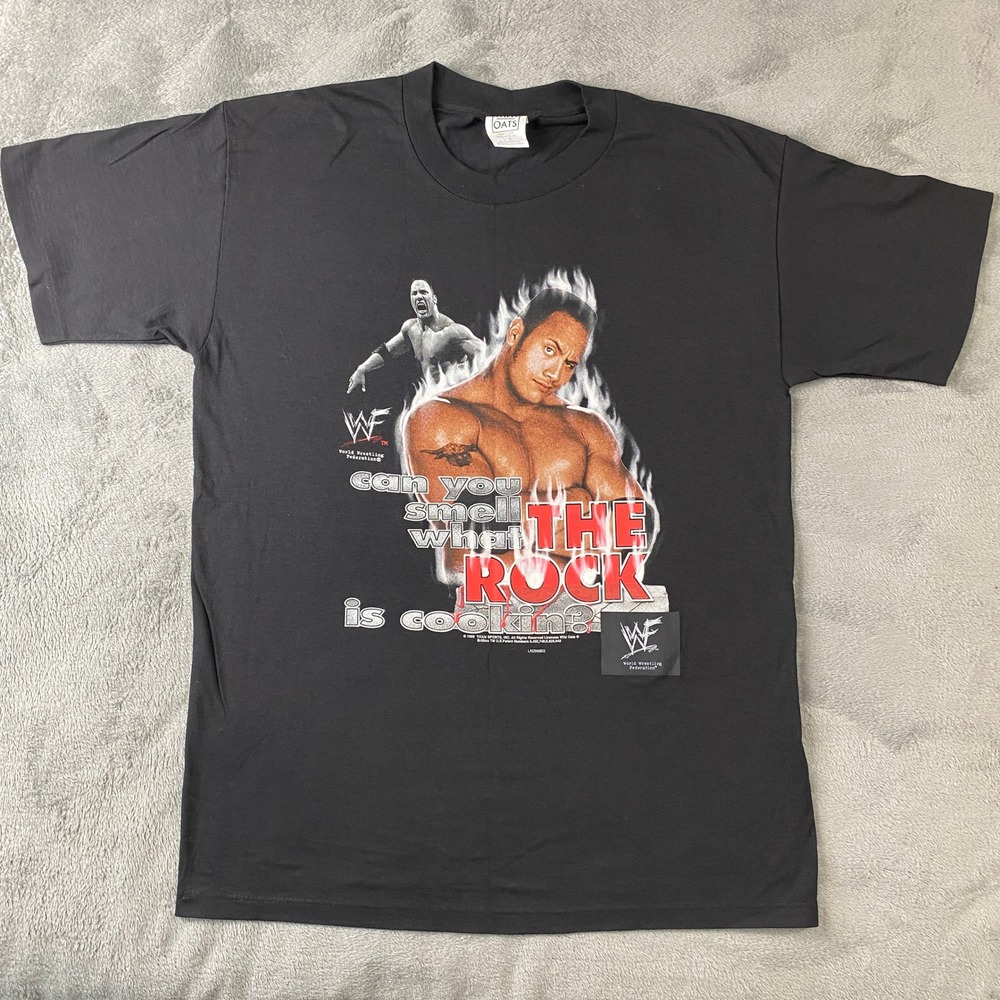 Vintage WWF The Rock T-Shirt Mens L Black 1999 Sound Module Wild Oats Tee